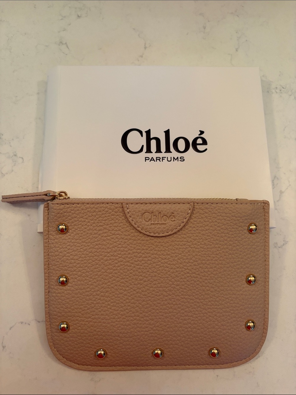 Chloé Pebbled Leather Zip Cosmetic Pouch in Light Taupe with Gold Studs